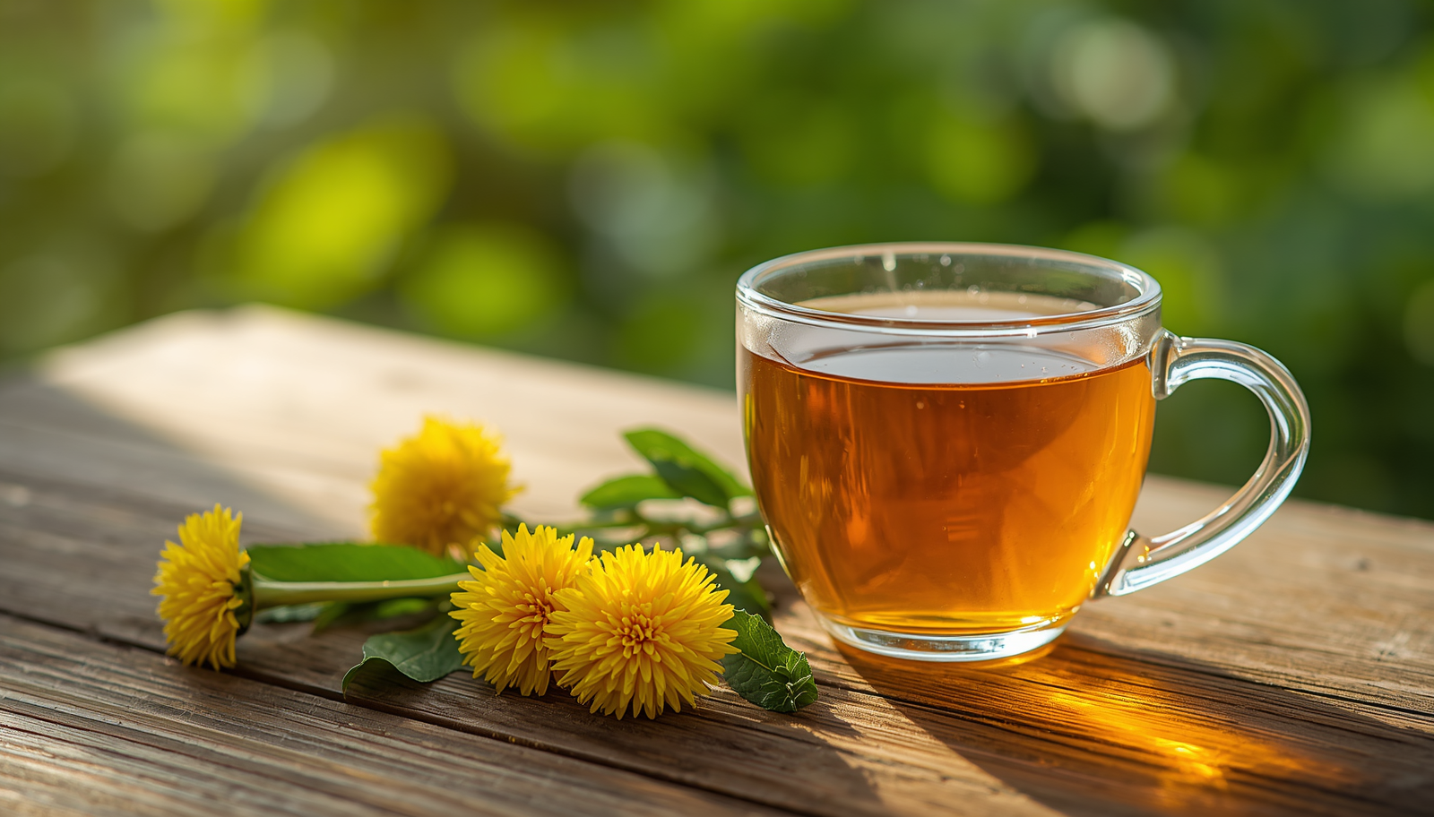 A realistic cup of dandelion tea with fresh yellow dandelion flowers on a wooden table in natural sunlight